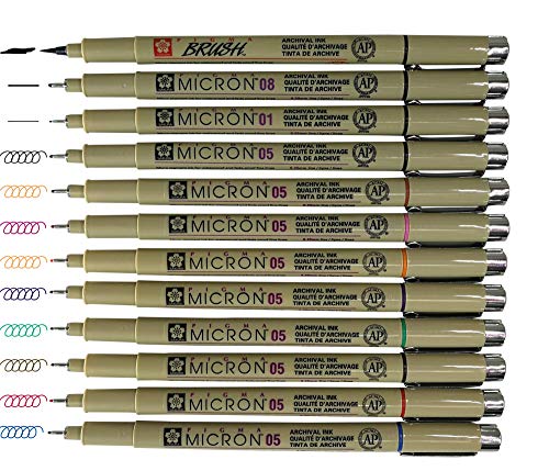 Sakura Pigma Micron pens 12 Fineliner Drawing Set (05 Assorted Color with Black Brush, 08, 01 & 05)