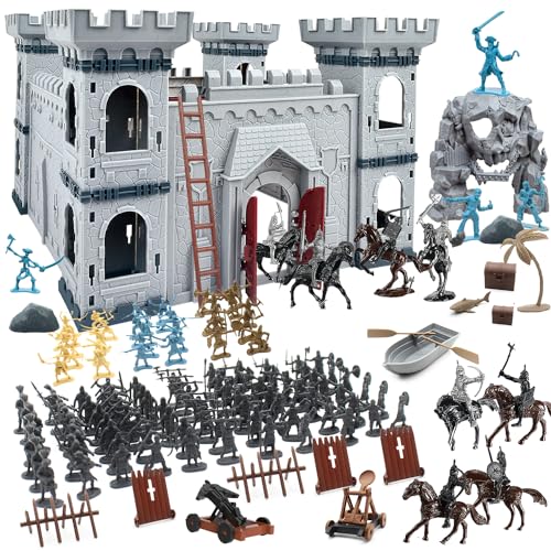 Plustopoy Medieval Castle Knight Toy Soldier Figures Army Men Toys, The Medieval Times Middle Ages DIY Castle Building Toy Piracy Knight Action Figurines with with 20 Piracies, 12 Soldiers, 8 Cavalry