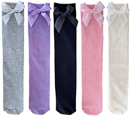 Toptim Little Girl's Knee High Socks Over Calf Kids Overknee Stockings Bow Style 3-12T(Bow1-5Pairs)