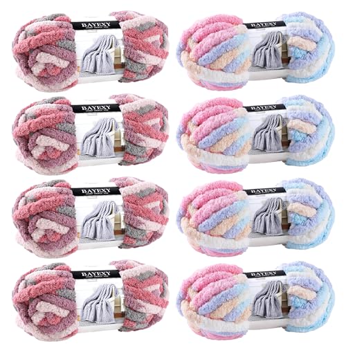 BAYEXY Chunky Yarn for Hand Knitting 8 Pack, Jumbo Chunky Chenille Yarn for Hand Knitting, Chunky Chenille Yarn for Crocheting (Cherry Blossom+Marshmallow Color)