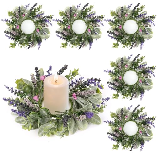 6 Pcs Mini Lavender Candle Rings Wreaths Purple Daisy Pillar Holder Wreath Artificial Wild Flower Spring Summer Floral Wreath for Farmhouse Porch Cabinets Table Decoration