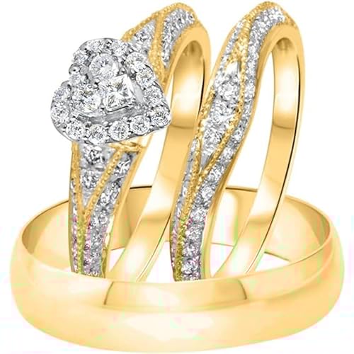 Dharma jewels 14K Yellow Gold Over Round,Princess Cut White Diamond Heart Shape 925 Sterling Silver Wedding Bridal Trio Ring Set for His & Her