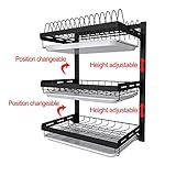 junyuan Hanging Dish Drying Rack Wall Mount,Dish Racks Drainer,3 Tier Kitchen Plate Organizer Storage Shelf with Drain Tray with 3 Hooks,Stainless Steel Black Large Ajustable Height