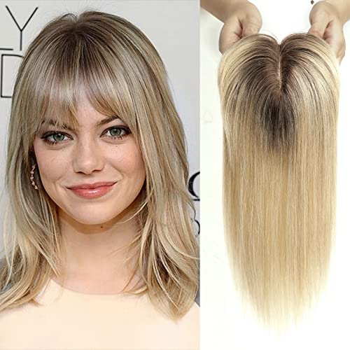 HAIRCUBE Human Hair Toppers For Women, 100% Remy Topper With Bangs, 150% Density Silk Base Clip In Topper 14 inch 40g - Ombre Light Blonde