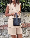 BTFBM Womens Blazer Vest Shorts Sets Lapel Neck Casual Sleeveless Button Down Office Summer 2 Piece Lounge Matching Sets(Solid Light Khaki, Medium)