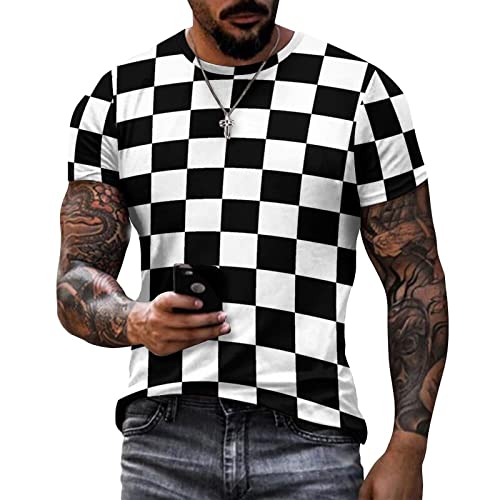 Men's Cotton T-Shirt -Black White Race Checkered Flag Pattern, Casual Graphic Crew Neck Short Sleeve Tees Tops XL