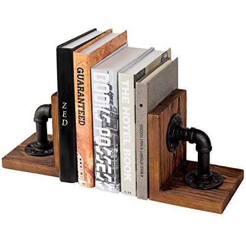 Book Ends,Bookends Decorative,Book Holders for Shelves,Rustic Wood Decorative Bookends,with Realistic Industrial Pipe Design,Unique Ideas for Father's Day