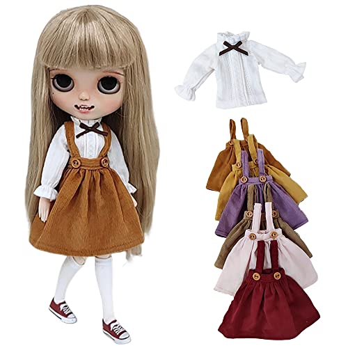 XiDonDon Doll Clothes Suspender Skirt+Shirt 2-piece Set for Blyth,Ob24,Licca,Azone BJD Doll Accessories Toys Clothing (Brown set)