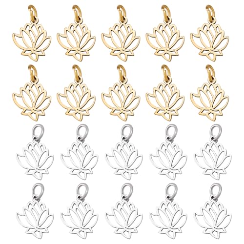 UNICRAFTALE 20Pcs 2 Colors Lotus Flower Charms Stainless Steel Hollow Lotus Charms Yoga Lotus Pendants Flower Pendant with Jump Ring for DIY Necklace Bracelet Earring Jewelry Making