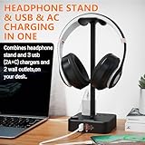 COZOO Headphone Stand with USB Charger Desktop Gaming Headset Holder Hanger with 3 USB Charging Station and 2 Outlets Power Strip,Suitable for Gaming, DJ,Wireless Earphone Display, Gamer Gifts for Men