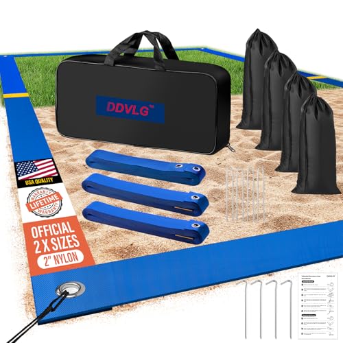 DDVLG Beach Volleyball Lines for Sand or Grass, 2inch Sand Volleyball Boundary Lines for Beach Court 26.3'x52.6' [Doubles 2V2], Highly Visible, All-Weather, with Metal Anchors & Sand Bags - Blue