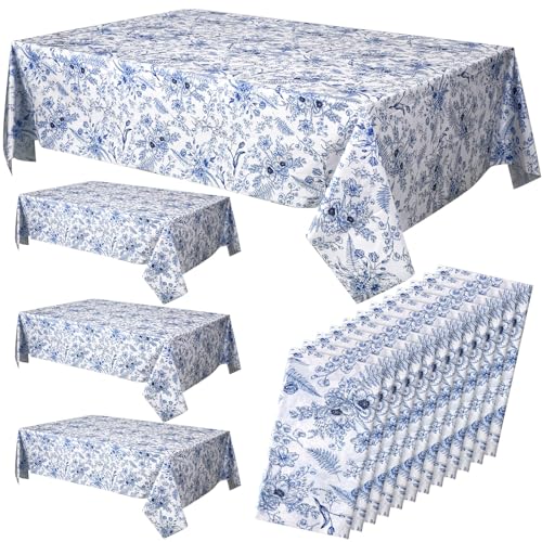 Ganeen 12 Pcs Blue Floral Plastic Table Cloths Vintage Flower Tablecloth Disposable Rectangle Plastic Tablecloth Table Cover 54 x 108 in for Bridal Shower Party Holiday Dining
