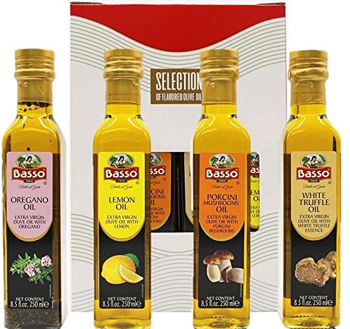 BASSO 1904 - Infused Olive Oil Gift Box Set, White Truffle, Lemon, Porcini, Oregano Extra Virgin Olive Oil, 4 bottles x 8.5 fl.oz (250ml)