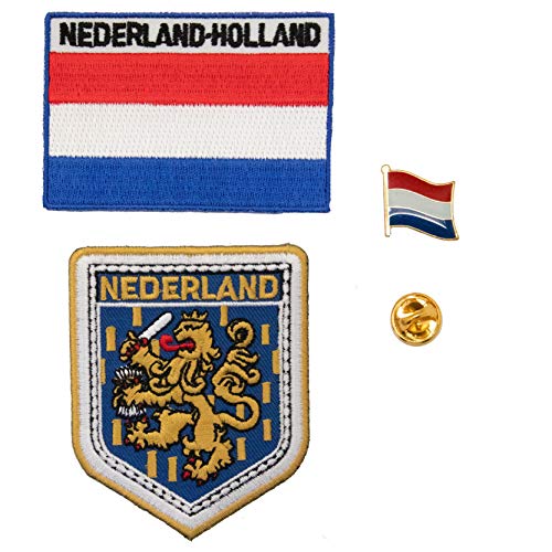 A-ONE - Netherlands National Badge Patch with Lions + Holland Iron-on Patch + Holland Flag Metal Lapel Pin, World Travel Embroided Badge, Emblem Pin No.110B