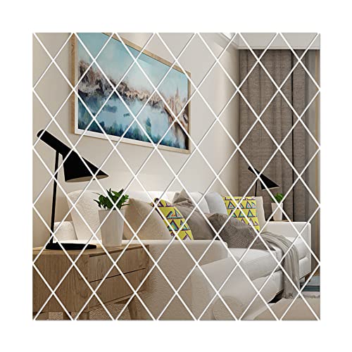 58PCS Wall Mirror Sticker Decal, Removable Mural Stickers Geometric Art Decor Diamond Shape Acrylic Mirror Wall Sticker Decal for Bedroom Home Living Room DIY Decor