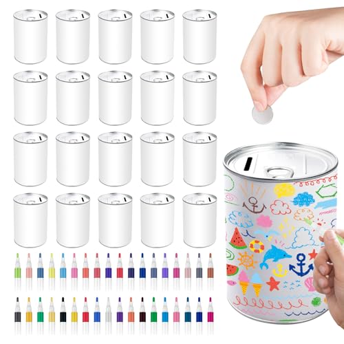 TANEMUDO 20 Pcs DIY Coin Piggy Bank Creative Craft Kit with 36 Acrylic Paint Markers,Metal Money Saving Box for Kids and Adults, Birthday and Party Gift