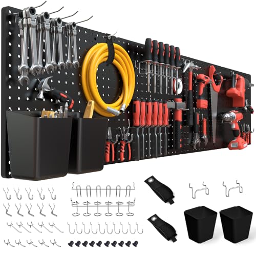 FZK Pegboard 32"*32",Black Pegboard 4pcs and 46 Peg Board Hooks with Strong Ribs Back Holds up for 200Ib,Peg Board Organizer for Walls for Garage Workshop Office