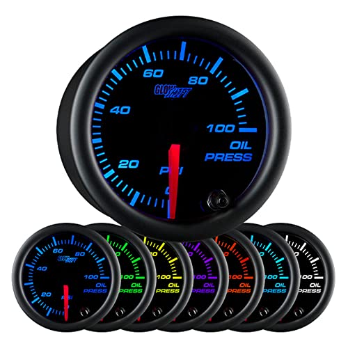 GlowShift Black 7 Color 100 PSI Oil Pressure Gauge Kit - Includes 1/8-27 NPT Electronic Sensor & Wiring - Multi-Color Display - Black Dial - Clear Lens - for Car & Truck - 2-1/16" 52mm