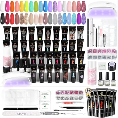 SAVILAND Poly Gel Nail Kit for Pretty Gift: 36 Colors Poly Gel Nail Kit Starter Kit Enrich Castor Oil VE Poly Nail Gel Kit with Slip Solution Mini U V Lamp for Quick Extension Nail Home DIY Beginner