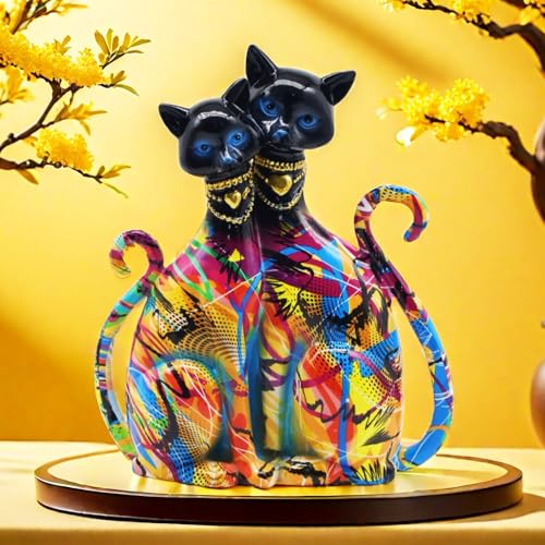Colorful Cat Couple Lover Art Statue Figurine Sculpture, Cats Gifts for Cat Lover, Office Home Decor, Desk Accessories