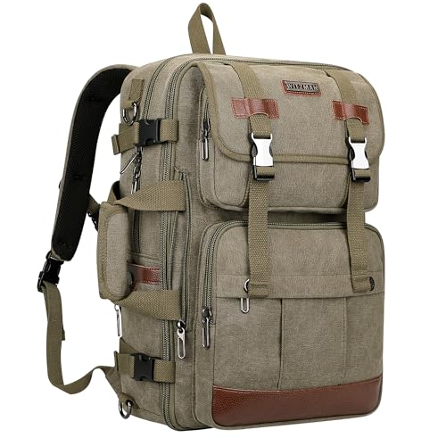 WITZMAN Canvas Travel Backpack for Men Large Laptop Backpack Fit 17 inch Carry-on Airline Approved Convertible Shoulder Rucksack(A6617-3 Army Green)