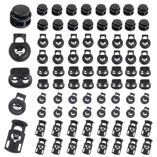 Sunenlyst 150Pcs Cord Locks, Plastic Cord Lock for Drawstrings, Shoelace Locks Spring Toggle Stopper with 5 Sizes, Cord Stops for Drawstring, Paracord, Clothing and Bags (160 Dark Black)