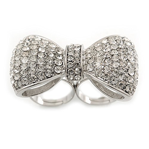 Avalaya Large Clear Austrian Crystal Pave Set 'Bow' Two Finger Ring In Rhodium Plating - 50mm Across - Adjustable