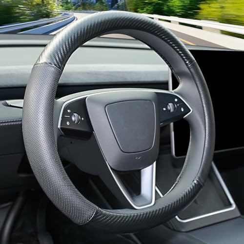 Uxcer Carbon Fiber Leather Steering Wheel Cover for Tesla Model 3/Y 2016-2025 2026 Juniper/Highland, Non-Slip Breathable Steering Wheel Protector for Tesla Model 3/Y Accessories 2026