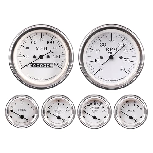 RACETECH Vintage Mechanical 6 Gauge Set White Dial Instrument Cluster 4 Color Speedometer MPH Tachometer RPM Signal Filter Volt Fuel Level 240-33 Ohm Water Temp Oil Pressure Gauge Classic 1 for Car