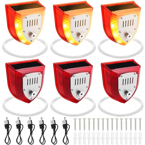 Qualirey 6 Pack Solar Burglar Anti-Intrusion Trip Wire Alarm Perimeter Defense Device Outdoor Indoor Sound and Light Siren 129dB for Camping Security Warning, 328 FT Pull Wire Magnetic Switch