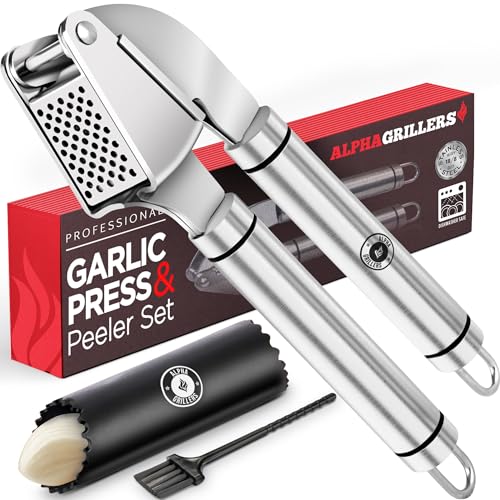 Garlic Press Stainless Steel - Professional Garlic Mincer and Crusher with Silicone Peeler Dishwasher Safe