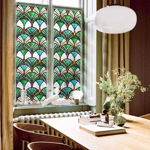 ChicSkin Hand Drawn Stained Glass Window Film Decorative Colorful Art Decor, Double-Sided Stain Glass Window Cling, Watercolor Decorative Window Film Translucent Pine Shell Sticker 16.9"X118.1"