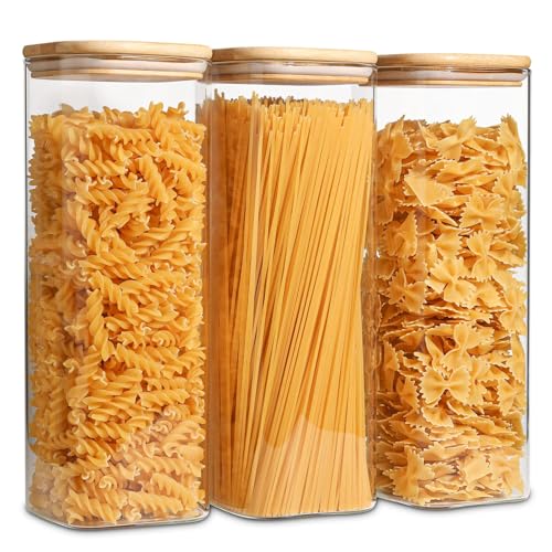 ComSaf Glass Spaghetti Pasta Storage Containers with Lids 73oz Set of 3, Tall Clear Airtight Food Storage Jar with Lid for Noodles Flour Oat Cereal Sugar Beans, Sqaure Spaghetti Pantry Containers