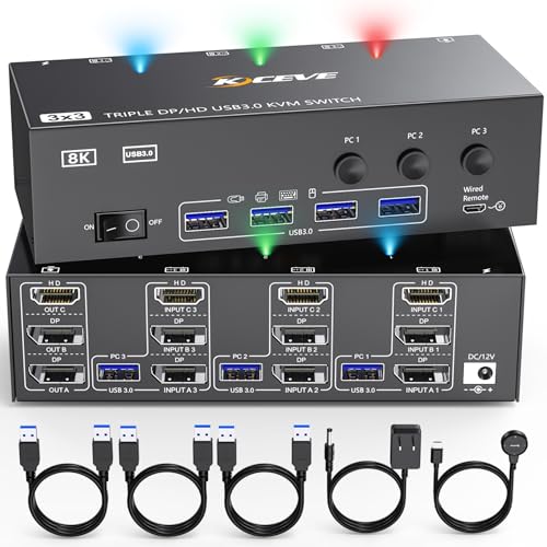 KVM Switch 3 Monitors 3 Computers, 4K@144Hz HDMI+2 Displayport KVM Swticher Support 8K@30Hz, 3 PC Triple Monitor KVM Switches, Support Extended Mode