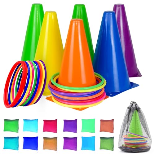 CircleCraft 31 Pcs. Plastic Cones and Rings Games Ring Toss Games for Adults, Carnival Games for Kids, Bean Bag for Kids Games Birthday Party, Yard Game, Sports & Outdoor Game for Family Party