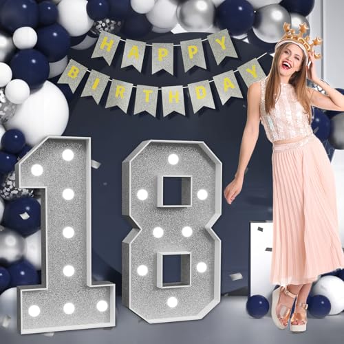 Marquee Numbers Silver 18th-Birthday Decorations: Large 3ft Light Up Number Grey 18 Birthday Decoration for Boy Girl 18 Year Old Teen Birthday Party Decor Backdrop Big Mosaic Number 18 with Banner