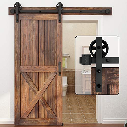 WINSOON 5-16FT Single Wood Sliding Barn Door Hardware Basic Black Big Spoke Wheel Roller Kit Garage Closet Carbon Steel Flat Track System (6.6FT)