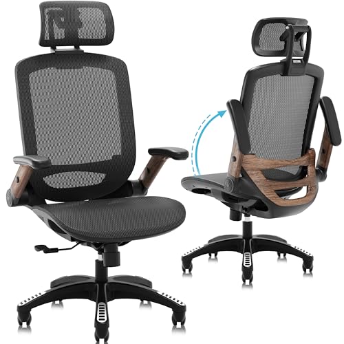 GABRYLLY Ergonomic Office Chair, High Back Home Desk Chair with Headrest, Flip-Up Arms, 90-120° Tilt Lock and Wide Cushion, Big and Tall Mesh Chairs for Man Woman, Black Task Chair(Dark Woodgrain)