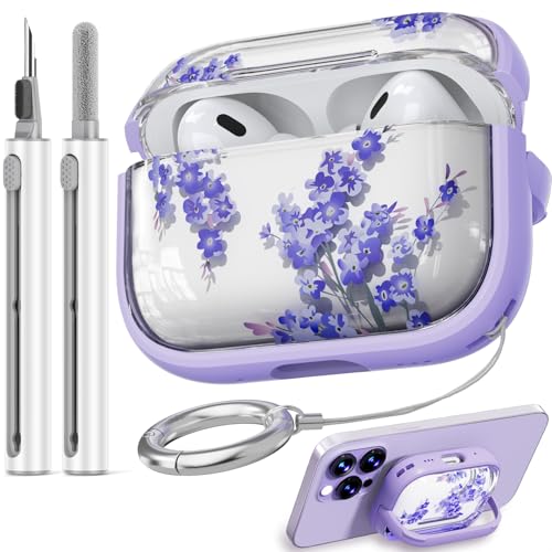 Inesore for Airpods Pro 2nd Generation Case Cover with Lock, Flowers Cute AirPod Pro 2 Case for Girls Women with Keychain for AirPods Pro Case (2023 USB-C /2022 Lightning / 2019) -Purple