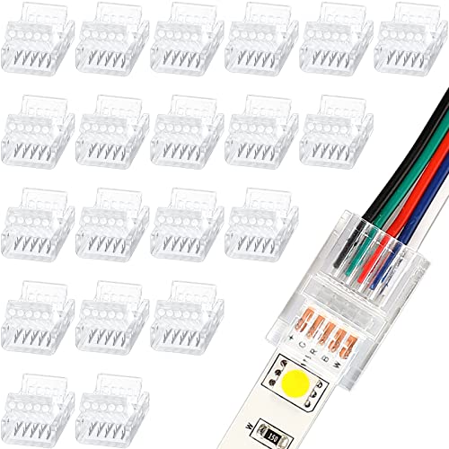 Flutesan 20 Pcs 5 Pin 12 mm LED Strip Connector RGB Lights Waterproof Adapter 22 Awg Wires Connector for Strip Light Unwired Gapless Track 5v 12v 24v