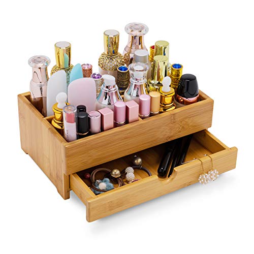 GOBAM Bamboo Makeup Organizers and Storage with Drawer - Wooden Cosmetic Organizer Countertop for Bathroom, Bedroom, Closet, Kitchen, Vanity & Dresser - Make up Vanity Station
