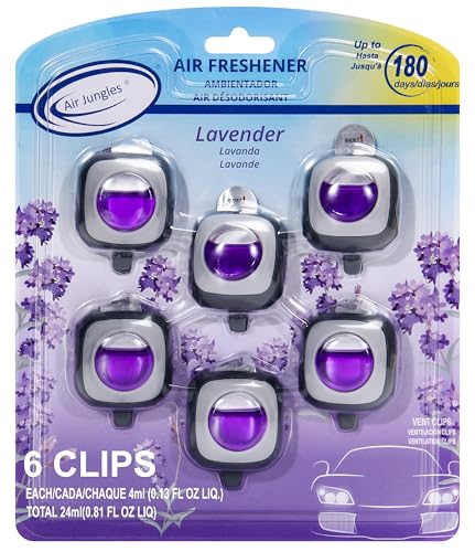 Air Jungles Lavender Scent Car Air Freshener Clip, 6 Vent Clips, 4ml Each, Long Lasting Air Freshener, Up to 180 Days Car Refresher Odor Eliminator