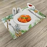 Ambesonne Pineapple Place Mats Set of 8, Watercolor Tropical Island Style Border Print Exotic Fruit Palm Trees and Leaves, Washable Fabric Placemats for Dining Table, Placemat 8 pcs, Fern Green White