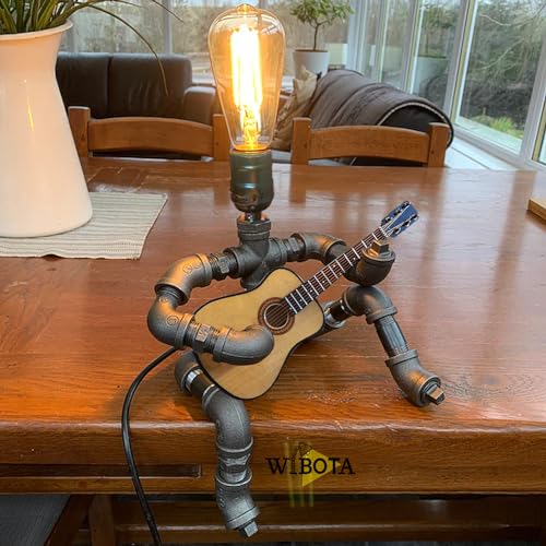 WIBOTA Music Guitar Table Lamp Art Decor Guitar Stuff Cool Gifts for Music Art Lovers Microphone Players for Men Steampunk Pipe Man Edison Bulb Lamps Retro Guitars Metal Pipe Industrial Robot Lights