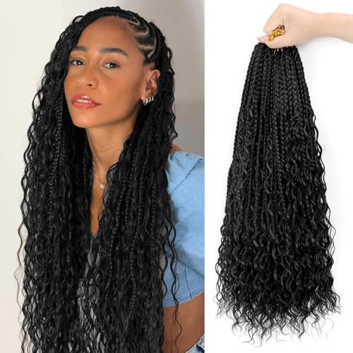 Goddess Box Braids Crochet Hair for Black Women 24 Inch Boho Box Braids 8 Packs Crochet Hair Bohemian Crochet Box Braids Curly Ends Pre-looped Synthetic Curly Crochet Hair 1B#