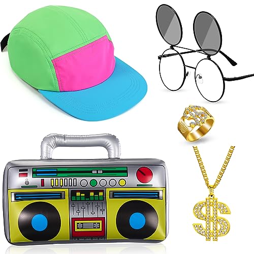 Cindeer 5 Pcs 90s Hip Hop Accessories Kit 80s Outfit Rapper Neon Hat Sunglasses Gold Dollar Chain Ring Inflatable Radio(Blue Hat Brim)