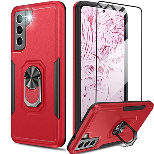 Oterkin for Samsung Galaxy S21 FE Case,Heavy Duty Military Grade Shockproof Case for Galaxy S21 FE 5G with Kickstand Ring Tempered Glass Screen Protector Support Magnetic Car Mount (Red)