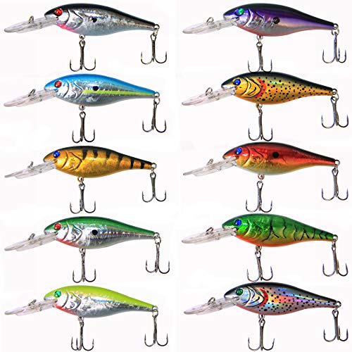 Fishing Lures Hard Bait Minnow Swimbait Crankbait Jerkbait Popper Topwater Lures with Treble Hooks 3D Eyes Freshwater Saltwater Fishing Lures for Bass Trout Walleye Pike Catfish 3.9in 0.35oz 10pcs