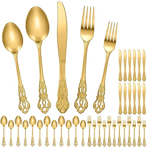 Dandat 60 Pcs Silverware Set Service for 12, Stainless Steel Retro Royal Flatware Tableware Cutlery Utensils Set Including Fork Spoon and Knife for Home Kitchen Restaurant Wedding(Gold)