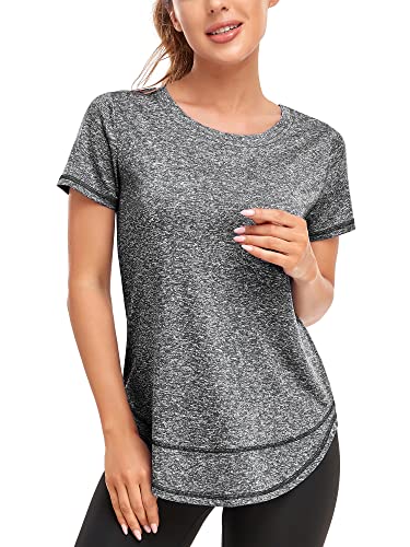 Abrooical Womens Crew Neck Casual Workout Tops Activewear Yoga Gym Sports Shirts Stretch Tunic Dark Grey X-Large